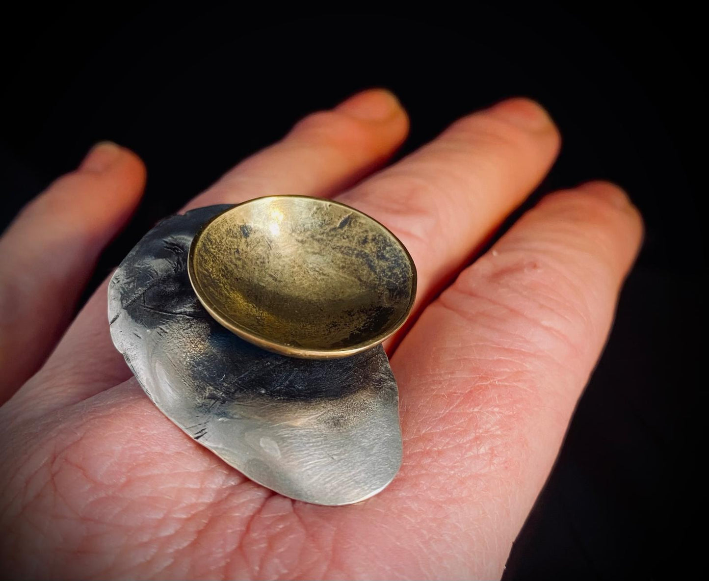 Reticulated Silver & Oxidised Brass Cup Ring
